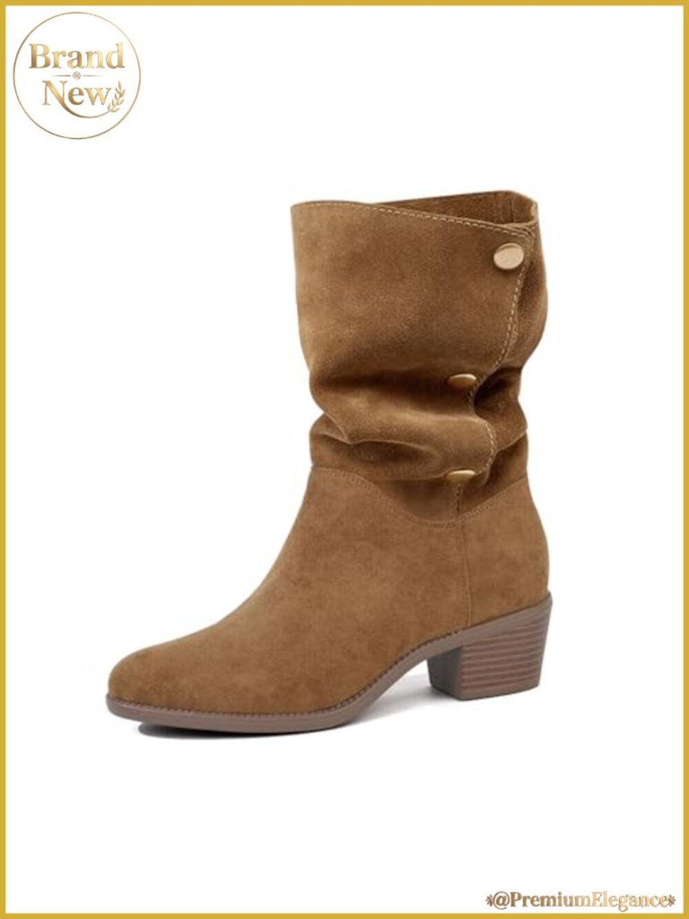 Suede Mid-Calf Boots 3-Way Fold-Over Chunky Block Heel Pointed Toe